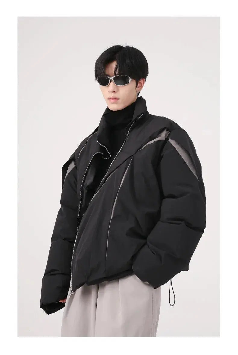 ASYMMETRICAL BLACK PUFFER JACKET WITH TURN-DOWN COLLAR AND COTTON LINING
