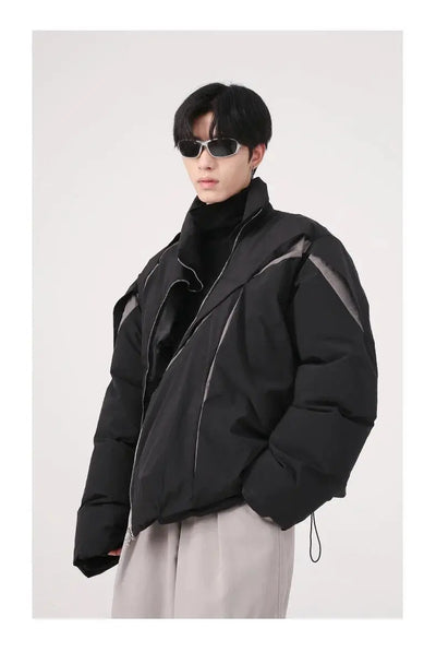 ASYMMETRICAL BLACK PUFFER JACKET WITH TURN-DOWN COLLAR AND COTTON LINING