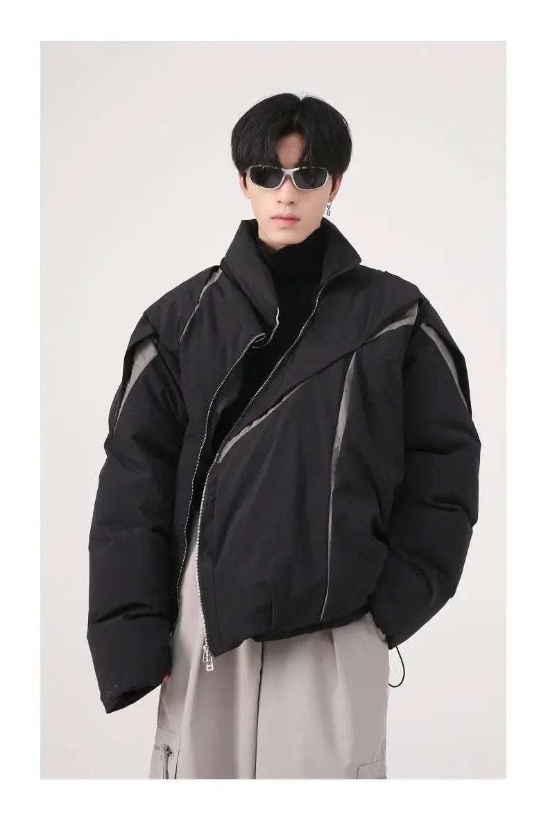 ASYMMETRICAL BLACK PUFFER JACKET WITH TURN-DOWN COLLAR AND COTTON LINING