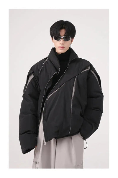 ASYMMETRICAL BLACK PUFFER JACKET WITH TURN-DOWN COLLAR AND COTTON LINING