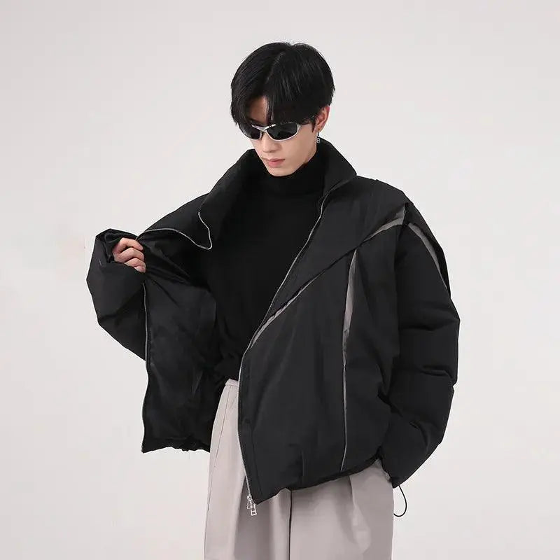 ASYMMETRICAL BLACK PUFFER JACKET WITH TURN-DOWN COLLAR AND COTTON LINING