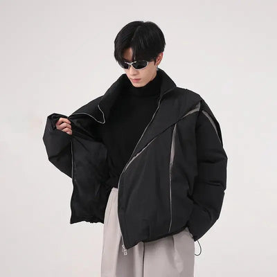 ASYMMETRICAL BLACK PUFFER JACKET WITH TURN-DOWN COLLAR AND COTTON LINING