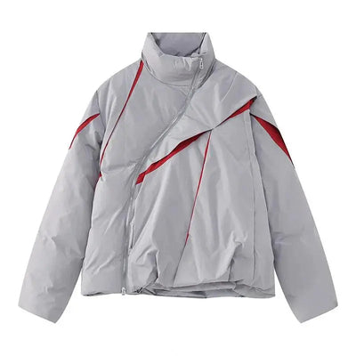 ASYMMETRICAL BLACK PUFFER JACKET WITH TURN-DOWN COLLAR AND COTTON LINING