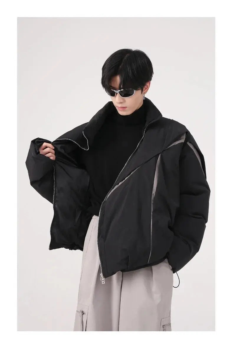 ASYMMETRICAL BLACK PUFFER JACKET WITH TURN-DOWN COLLAR AND COTTON LINING