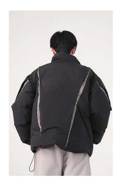 ASYMMETRICAL BLACK PUFFER JACKET WITH TURN-DOWN COLLAR AND COTTON LINING