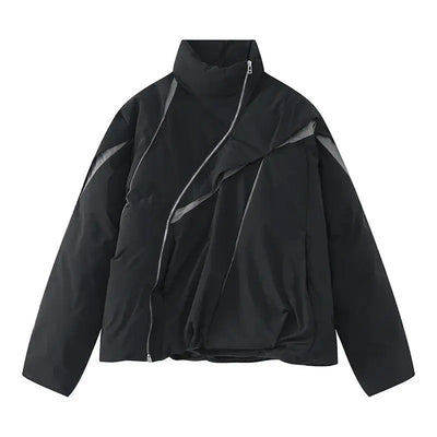 ASYMMETRICAL BLACK PUFFER JACKET WITH TURN-DOWN COLLAR AND COTTON LINING