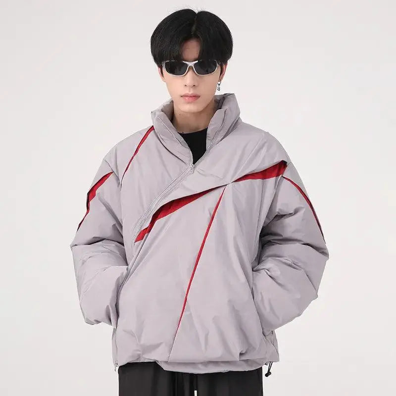 ASYMMETRICAL BLACK PUFFER JACKET WITH TURN-DOWN COLLAR AND COTTON LINING