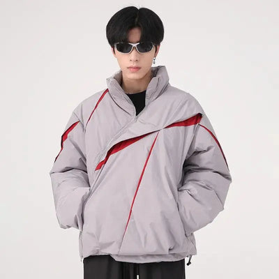 ASYMMETRICAL BLACK PUFFER JACKET WITH TURN-DOWN COLLAR AND COTTON LINING