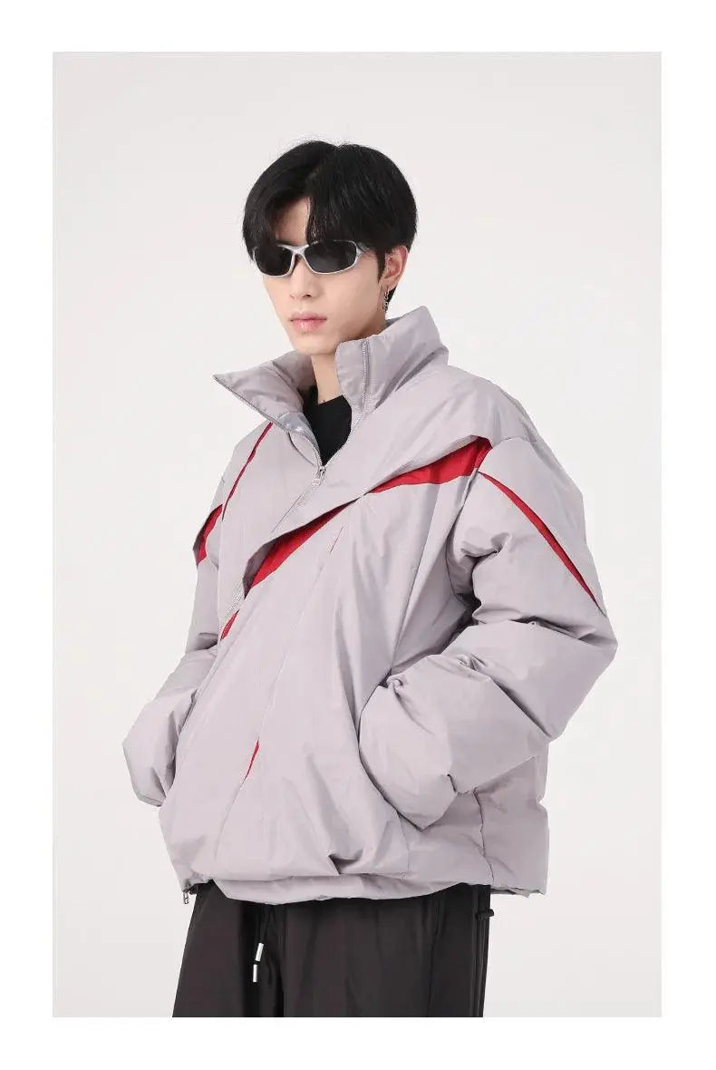 ASYMMETRICAL BLACK PUFFER JACKET WITH TURN-DOWN COLLAR AND COTTON LINING