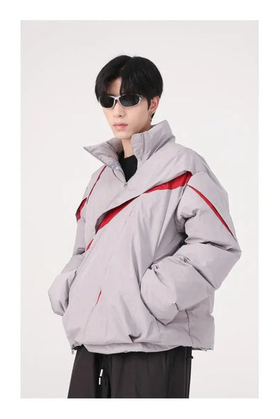ASYMMETRICAL BLACK PUFFER JACKET WITH TURN-DOWN COLLAR AND COTTON LINING