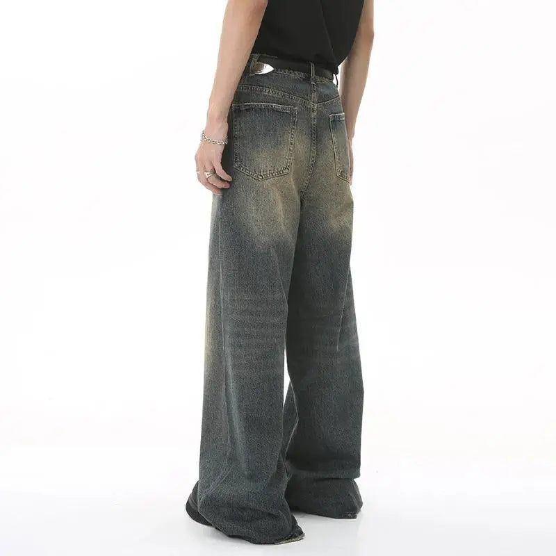 BAGGY ACID-WASH DENIM JEANS WITH BELT - WASHED DENIM JEANS