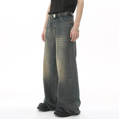 BAGGY ACID-WASH DENIM JEANS WITH BELT - WASHED DENIM JEANS