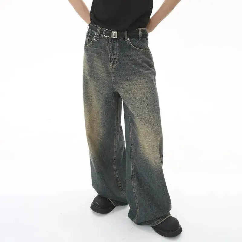 BAGGY ACID-WASH DENIM JEANS WITH BELT - WASHED DENIM JEANS