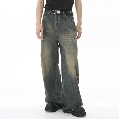 BAGGY ACID-WASH DENIM JEANS WITH BELT - WASHED DENIM JEANS