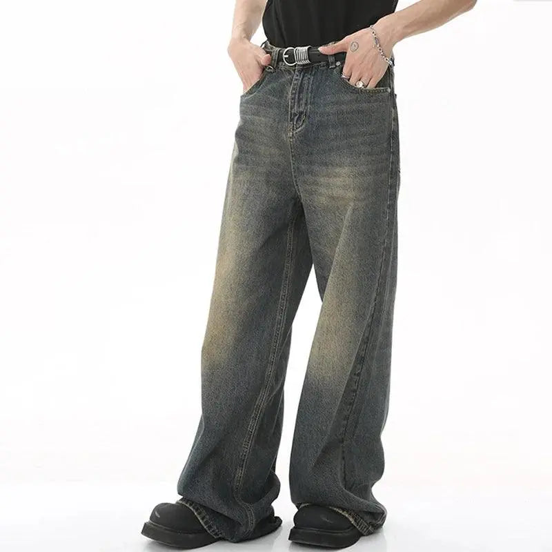 BAGGY ACID-WASH DENIM JEANS WITH BELT - WASHED DENIM JEANS