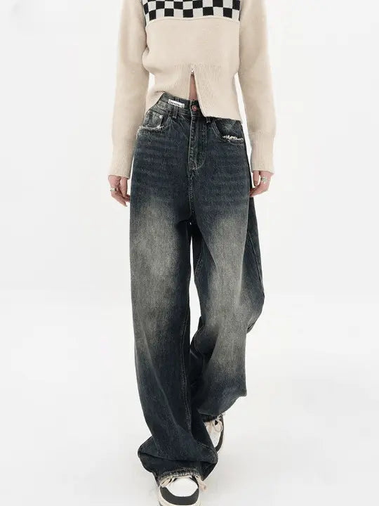 BAGGY DARK WASH HIGH WAIST JEANS FOR HARAJUKU STREETWEAR RETRO STYLE