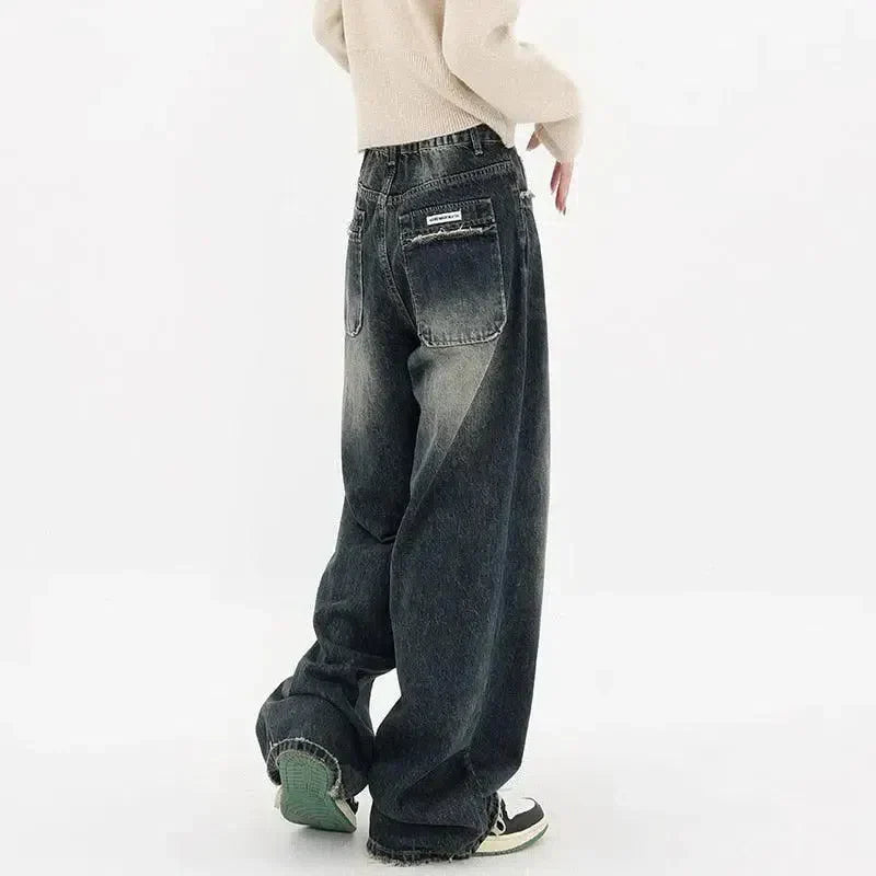 BAGGY DARK WASH HIGH WAIST JEANS FOR HARAJUKU STREETWEAR RETRO STYLE