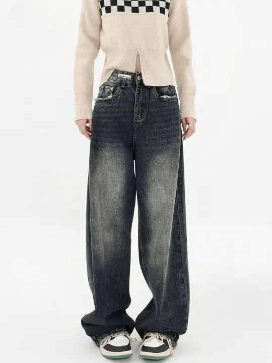 BAGGY DARK WASH HIGH WAIST JEANS FOR HARAJUKU STREETWEAR RETRO STYLE