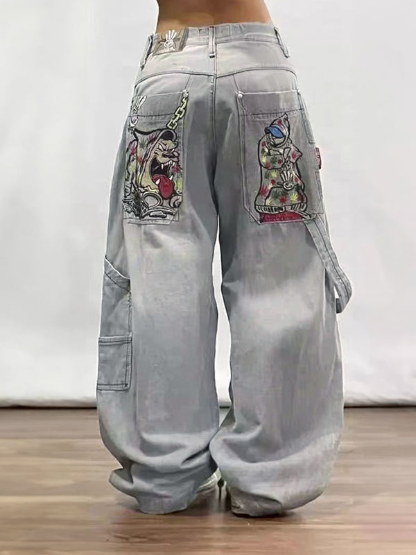 BAGGY LIGHT-WASH JEANS WITH CARTOON GRAPHICS Y2K RETRO