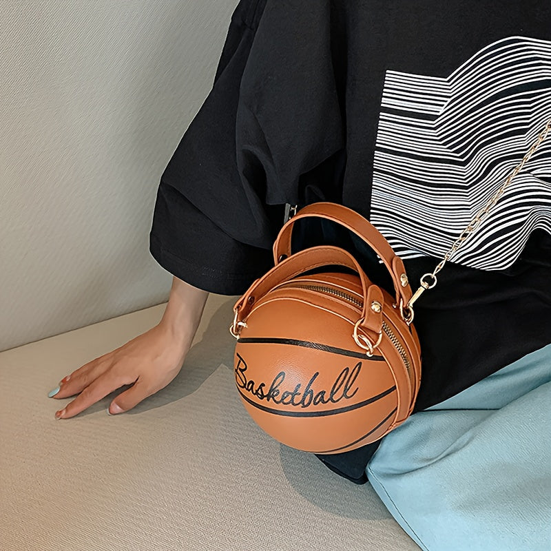 BASKETBALL-SHAPED PURSE WITH HANDLES AND CHAIN FOR ACCESSORIES
