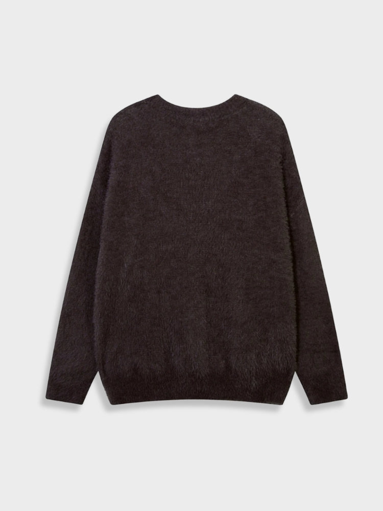 BEIGE FUZZY SWEATER WITH BROWN GRAPHIC Y2K INSPIRED SWEATER