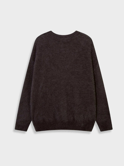 BEIGE FUZZY SWEATER WITH BROWN GRAPHIC Y2K INSPIRED SWEATER