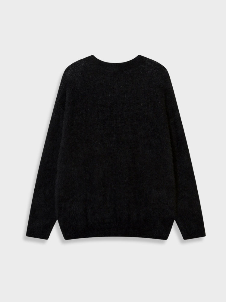 BEIGE FUZZY SWEATER WITH BROWN GRAPHIC Y2K INSPIRED SWEATER