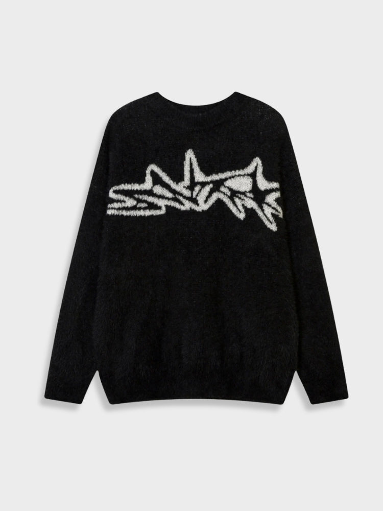 BEIGE FUZZY SWEATER WITH BROWN GRAPHIC Y2K INSPIRED SWEATER