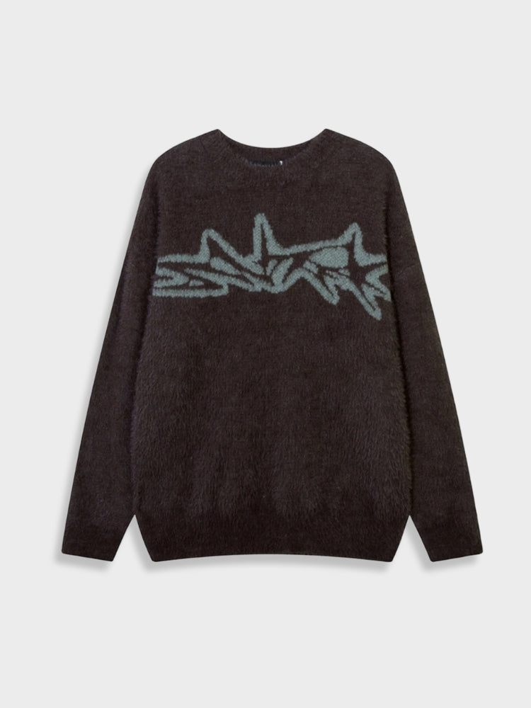 BEIGE FUZZY SWEATER WITH BROWN GRAPHIC Y2K INSPIRED SWEATER