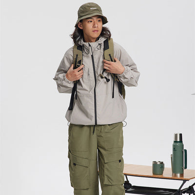 BEIGE HOODED JACKET WITH ZIPPER PREMIUM OVERSIZED FIT JACKET