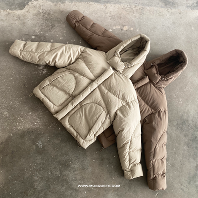 BEIGE OVERSIZED DROPPED SHOULDER HOODED PUFFER JACKET