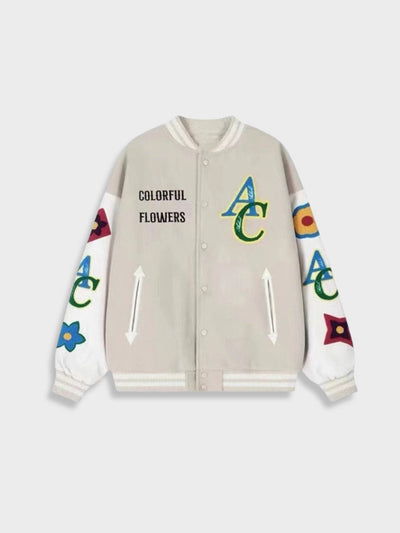 BEIGE VARSITY JACKET WITH FLORAL ACCENTS OVERSIZED COLLEGE JACKET