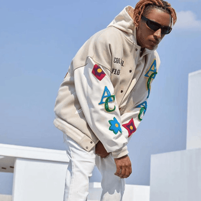 BEIGE VARSITY JACKET WITH FLORAL ACCENTS OVERSIZED COLLEGE JACKET
