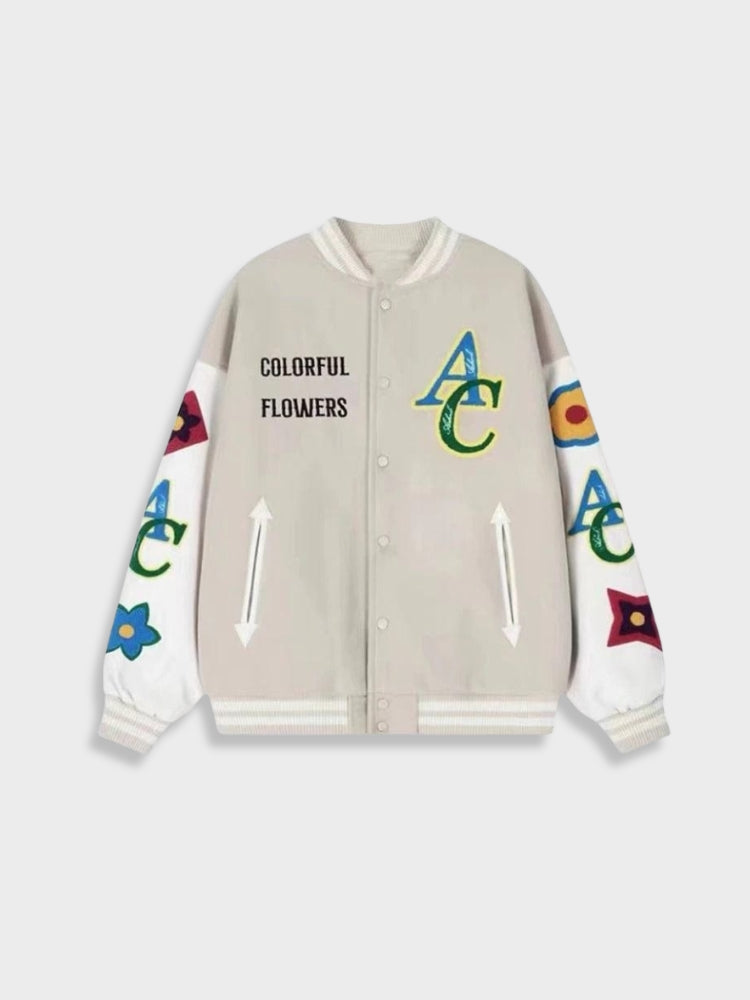 BEIGE VARSITY JACKET WITH FLORAL ACCENTS OVERSIZED COLLEGE JACKET