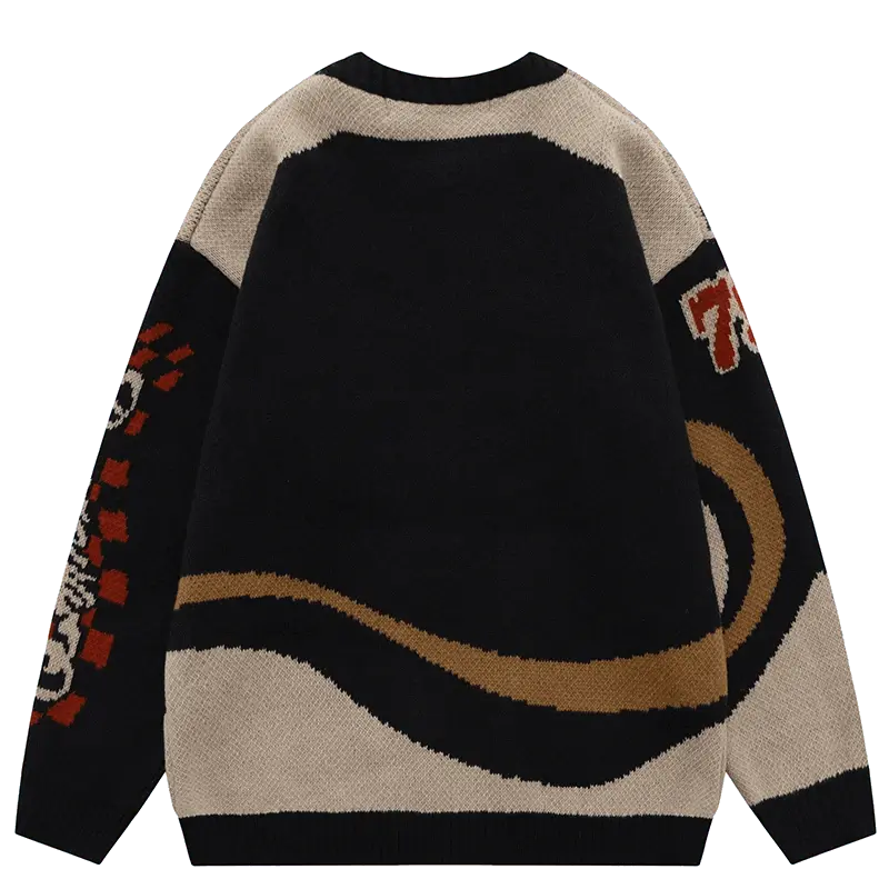 BLACK AND BEIGE PATTERNED SWEATER WITH RETRO ALPHABET DESIGN