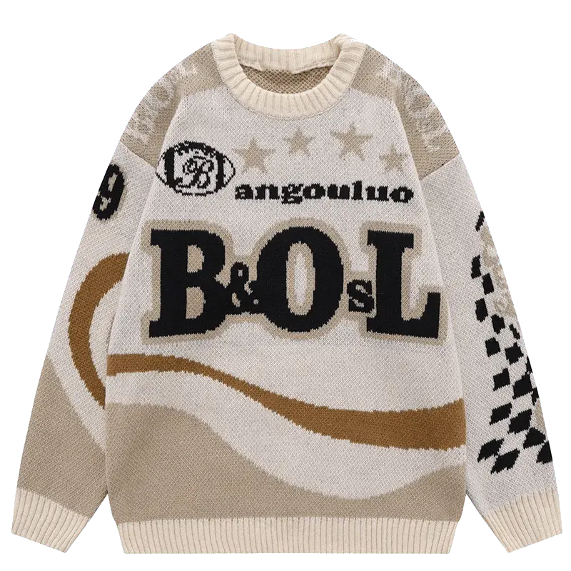 BLACK AND BEIGE PATTERNED SWEATER WITH RETRO ALPHABET DESIGN