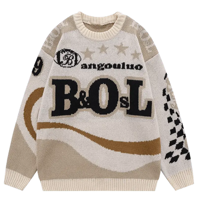 BLACK AND BEIGE PATTERNED SWEATER WITH RETRO ALPHABET DESIGN