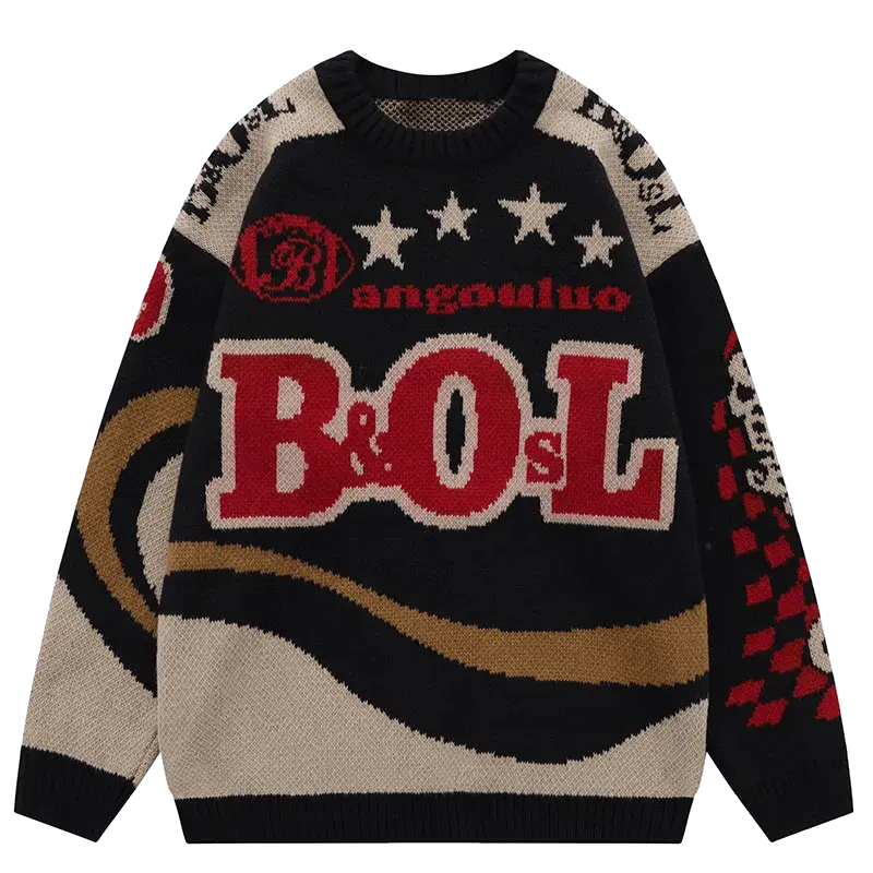 BLACK AND BEIGE PATTERNED SWEATER WITH RETRO ALPHABET DESIGN