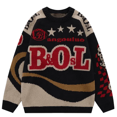 BLACK AND BEIGE PATTERNED SWEATER WITH RETRO ALPHABET DESIGN