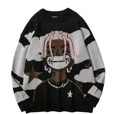 BLACK AND WHITE CARTOON CHARACTER SWEATER PULLOVER FOR ULTIMATE COMFORT