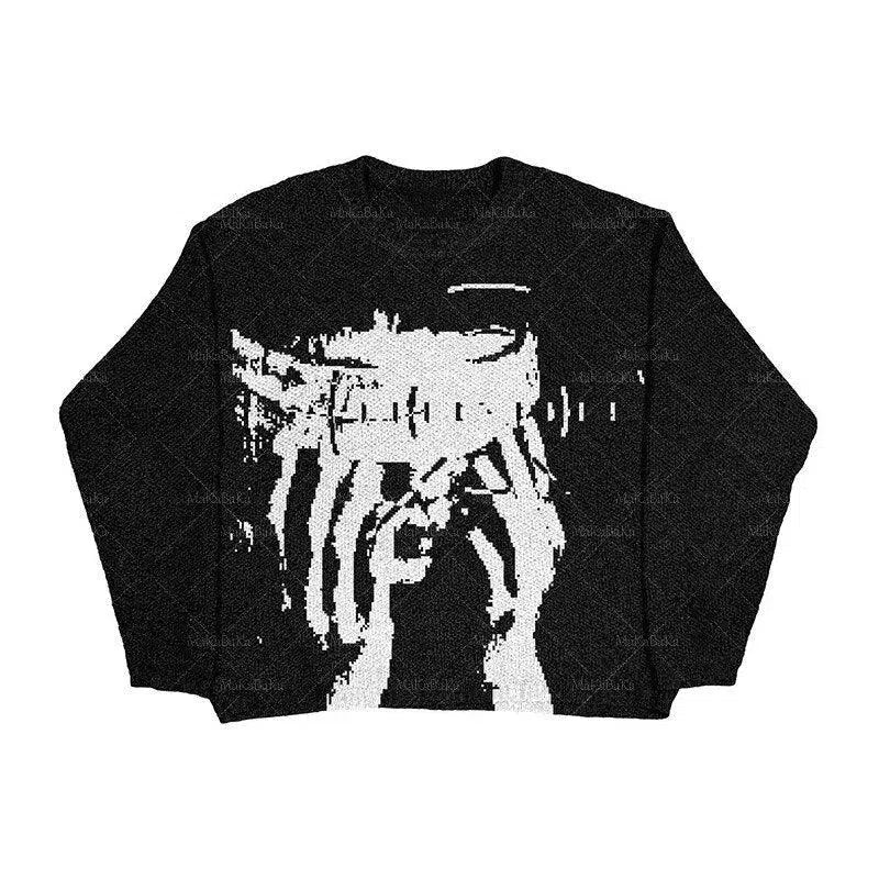 BLACK AND WHITE GRAPHIC SWEATER STREETWEAR KNITTED SWEATER