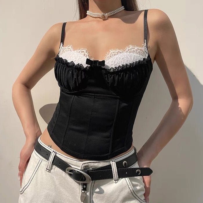 BLACK AND WHITE LACE-TRIMMED CAMISOLE FOR WOMEN