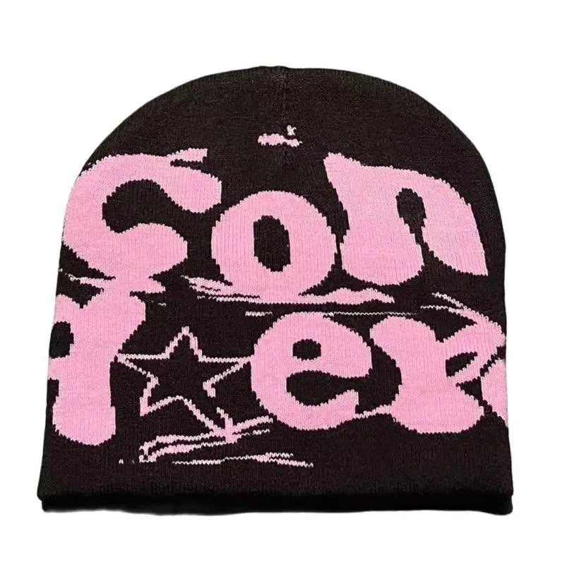 BLACK BEANIE HAT WITH PINK LETTERING - WARM HAT FOR COLD WEATHER