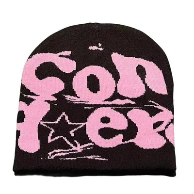 BLACK BEANIE HAT WITH PINK LETTERING - WARM HAT FOR COLD WEATHER