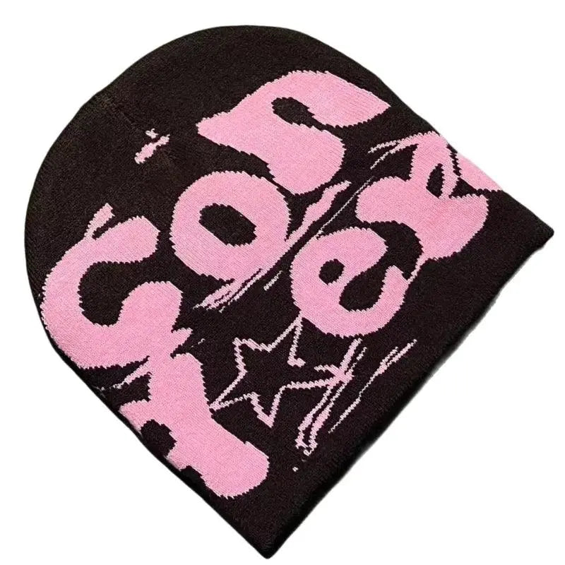 BLACK BEANIE HAT WITH PINK LETTERING - WARM HAT FOR COLD WEATHER