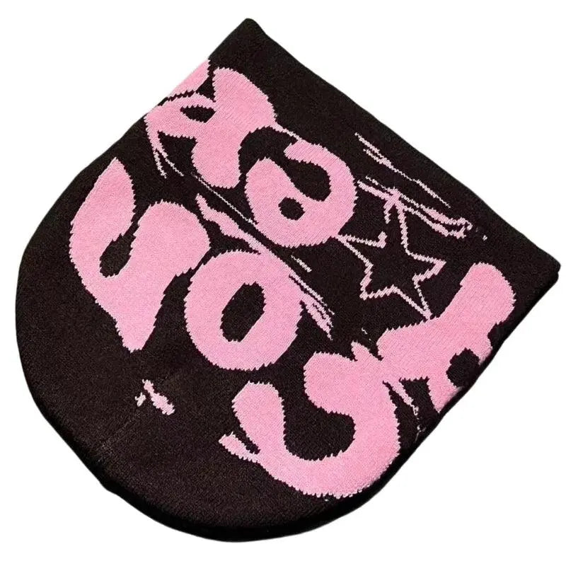 BLACK BEANIE HAT WITH PINK LETTERING - WARM HAT FOR COLD WEATHER