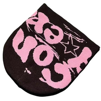 BLACK BEANIE HAT WITH PINK LETTERING - WARM HAT FOR COLD WEATHER