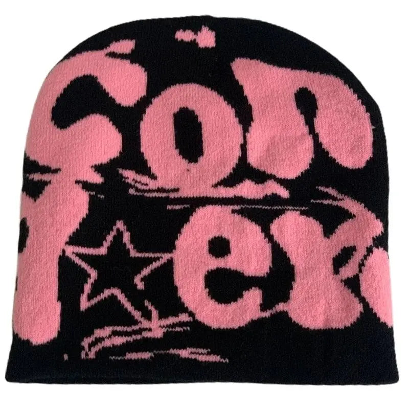 BLACK BEANIE HAT WITH PINK LETTERING - WARM HAT FOR COLD WEATHER