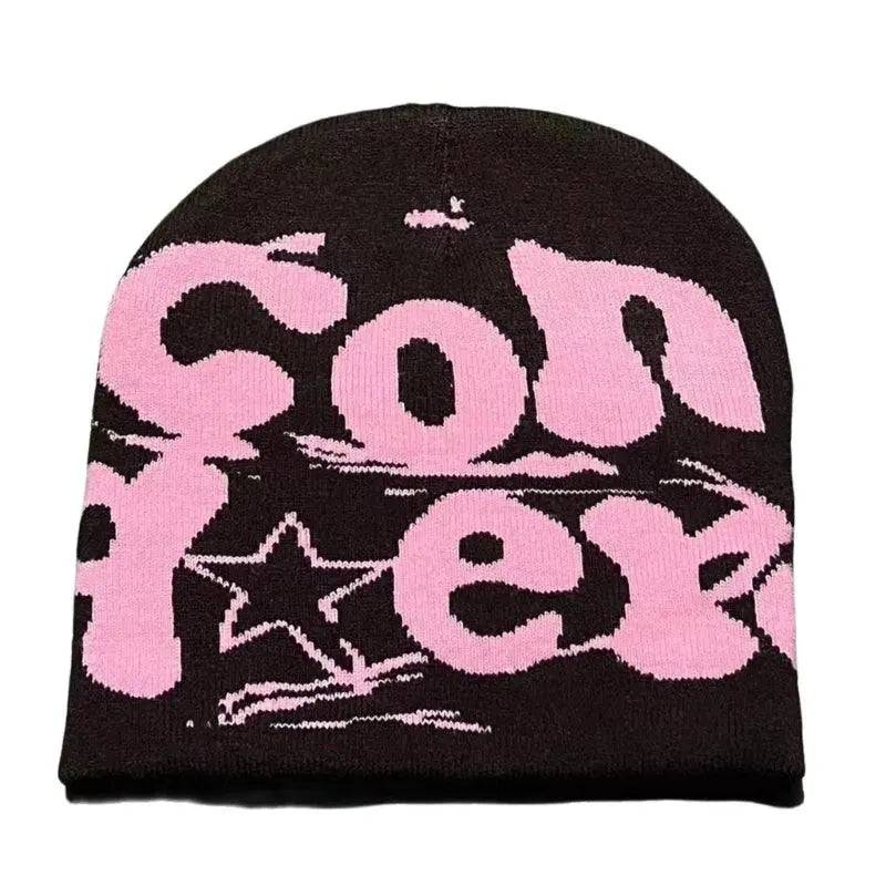 BLACK BEANIE HAT WITH PINK LETTERING - WARM HAT FOR COLD WEATHER
