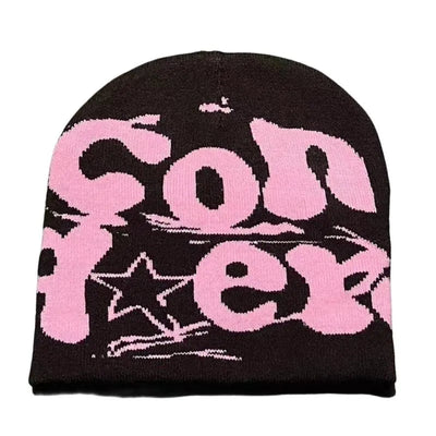 BLACK BEANIE HAT WITH PINK LETTERING - WARM HAT FOR COLD WEATHER